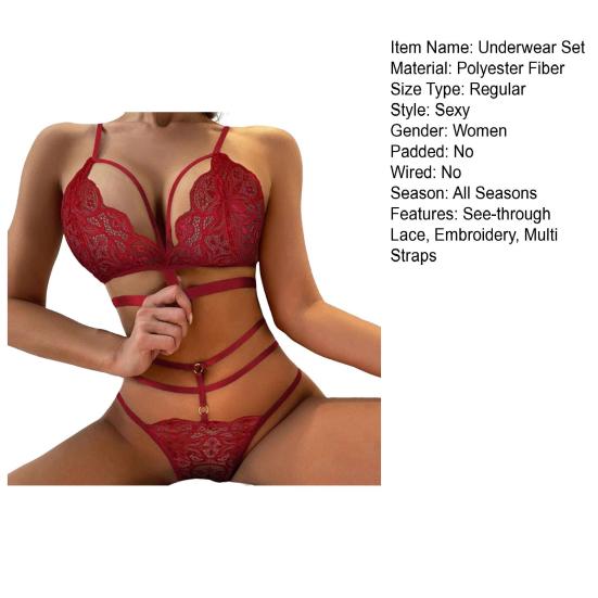 2 Pcs/Set Bra Briefs Set See-through Lace Embroidery Hollow Out Multi Straps Solid Color Thin High Waist Night Honeymoon Valentines Day Underwear Set