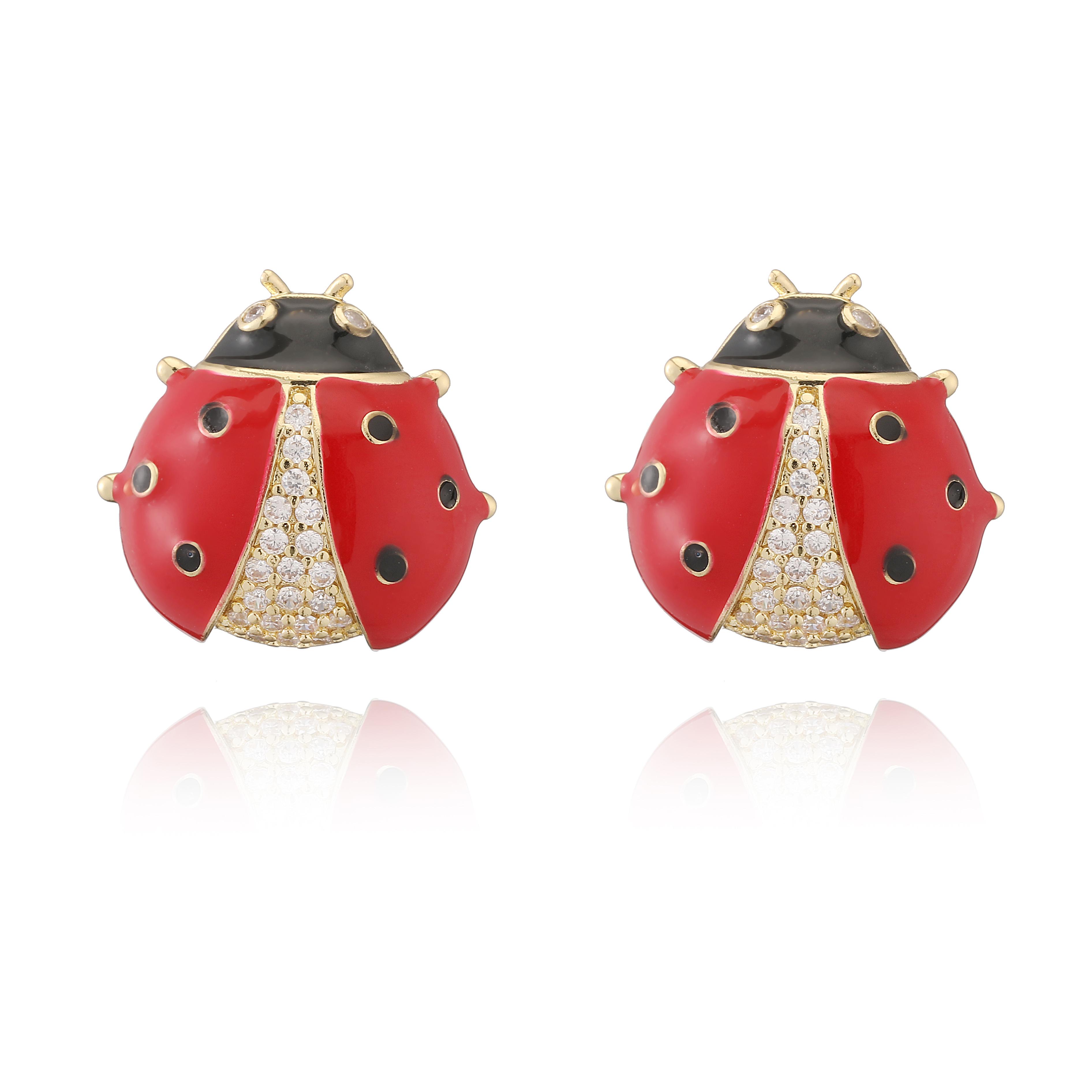 HECHENG, Enamel Dripping Oil Craft Red Beetle Earrings Sweet and Cute Copper Metal Zircon 1 Pair Other