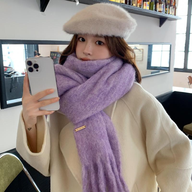 Women's wool-blended knitted solid-color scarf winter thickened warm student scarf men