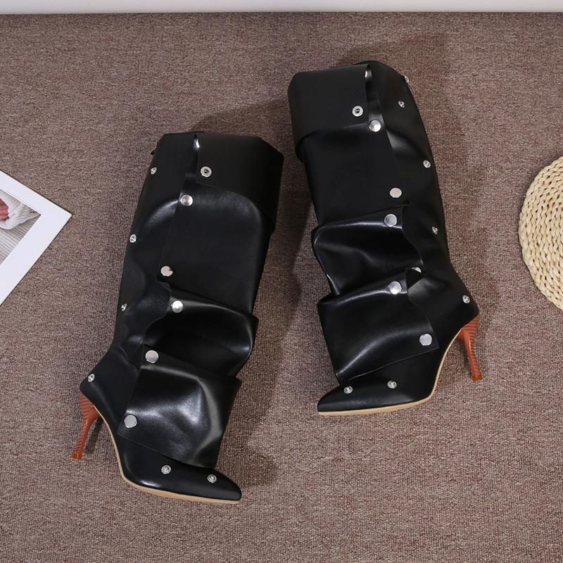 Wrinkled Rivet Pile Boots 2025 Autumn New European and American Style Pointed Toe Thin Heel High Heel Long Tube Women's Boots