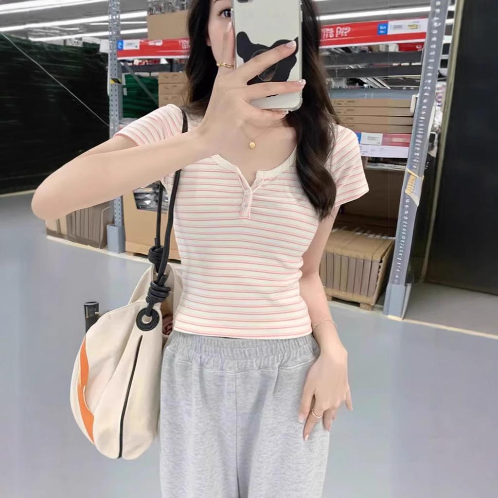 Pure desire striped shoulder U-neck short-sleeved T-shirt women's summer new niche design sense slim and thin top tide