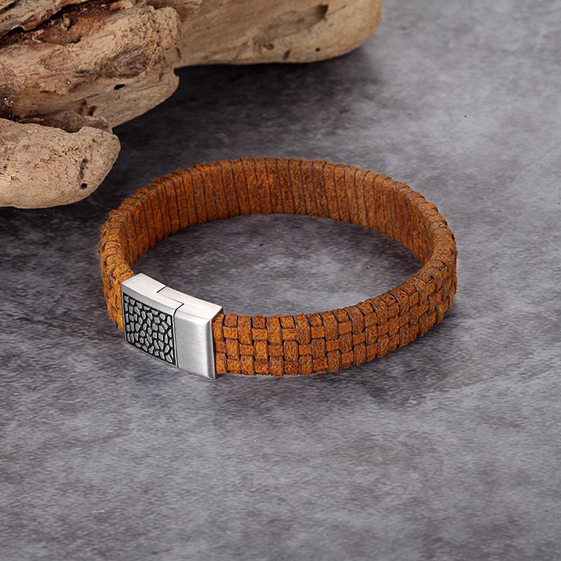 REPTILE LEATHER BRACELET   stainless steel reptile design bracelet with light brown woven genuine italian leather