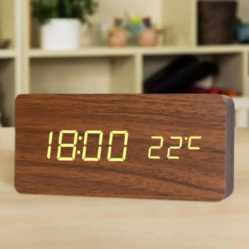 Retro Wooden Digital Alarm Clock Silent LED Luminous Creative Electronic Timepiece Fashion Decor for Students Desktop Bedside