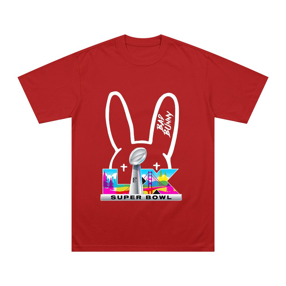 Футболка унисекс с логотипом Bad Bunny на Супербоул мужская и женская модная с коротким рукавом в стиле Y2k хлопковая с принтом высокое качество парные наряды для отпуска XS красный 1490₽