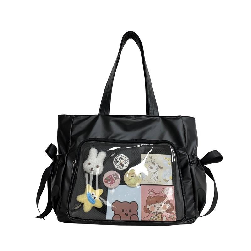Y2K Cute Bow Ita Bag Women Transparent Shoulder Bag Nylon Pleated Korean Style Fashion Tote Bag Large Capacity Female Handbag