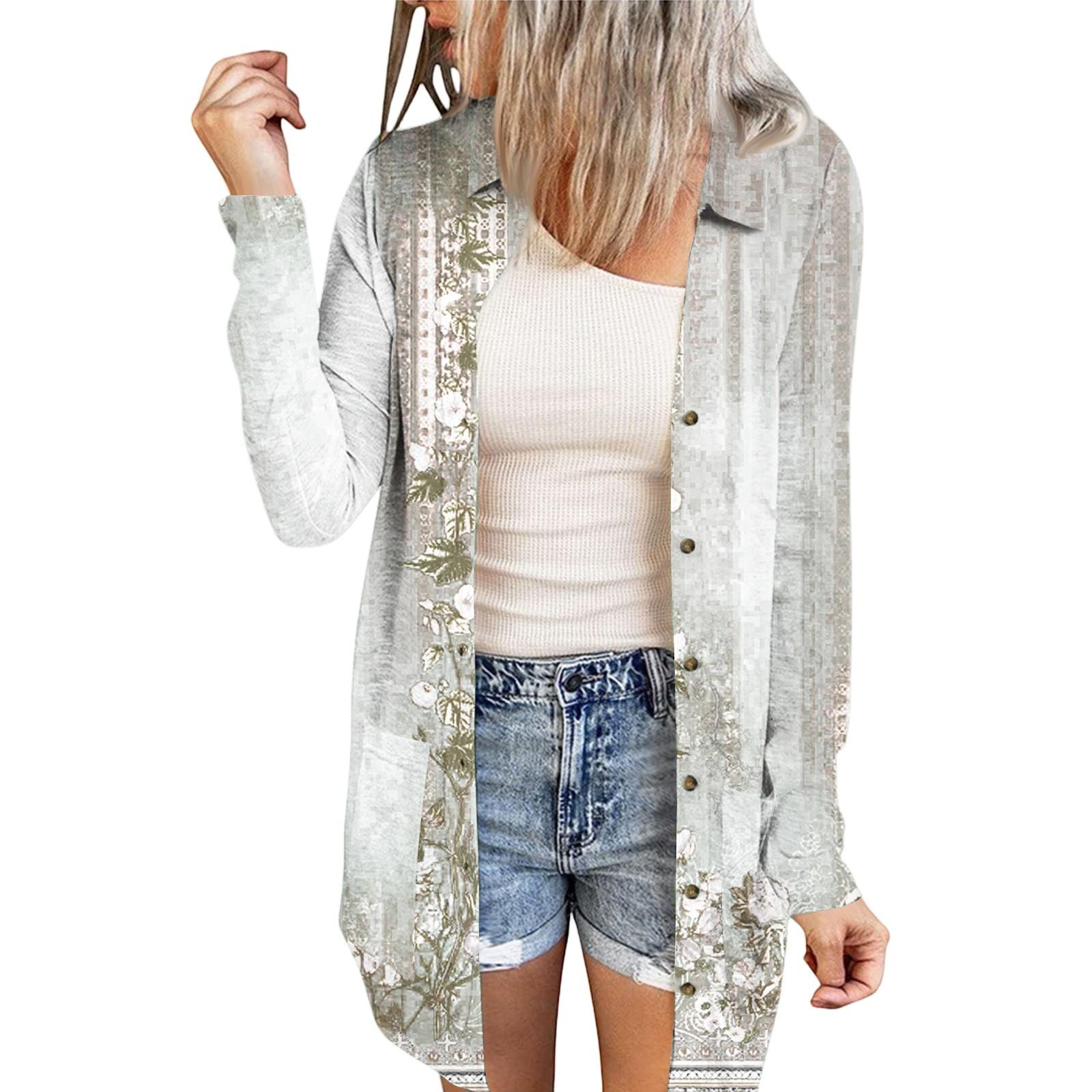 

Женский повседневный кардиган средней длины с длинным рукавом и цветочным принтом в стиле ретро XL белый