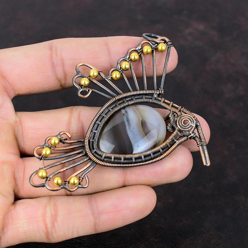 Pandantiv Agat Montana Pandantiv Înfășurat în Sârmă de Cupru Pandantiv de Designer Bijuterii cu Păsări Pandantiv Delicat cu Piatră Prețioasă Bijuterii Handmade din Cupru Cadou Pentru El