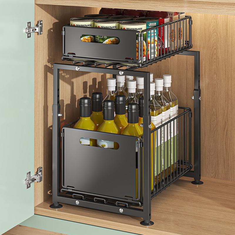 Under Sink Organizer | 2-Tier Carbon Steel Pull-Out Cabinet Storage Rack | Sliding Drawer for Kitchen & Bathroom
