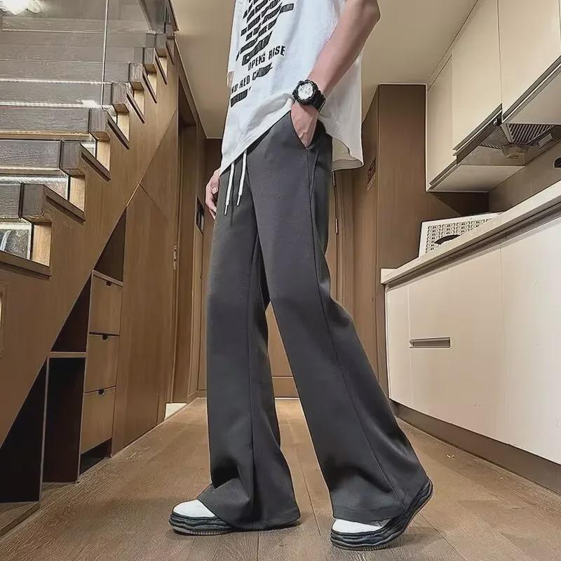 Unisex Summer Retro Wide-Leg Drawstring Sweatpants - Slightly Flared Drape, Floor-Length Sports Trousers