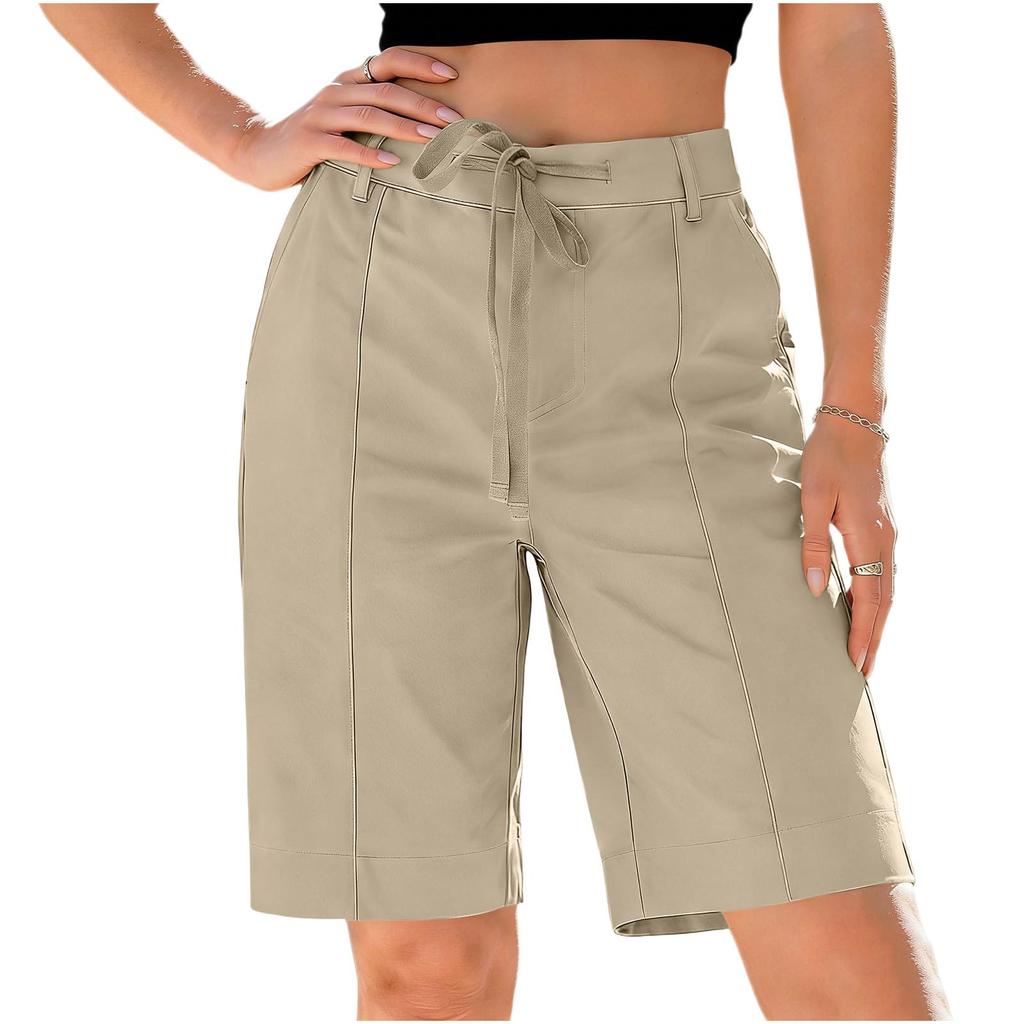 Women's Knee Length Cargo Shorts,Casual High Waisted Drawstring Bermuda Shorts With Pockets For Summer Hiking Work