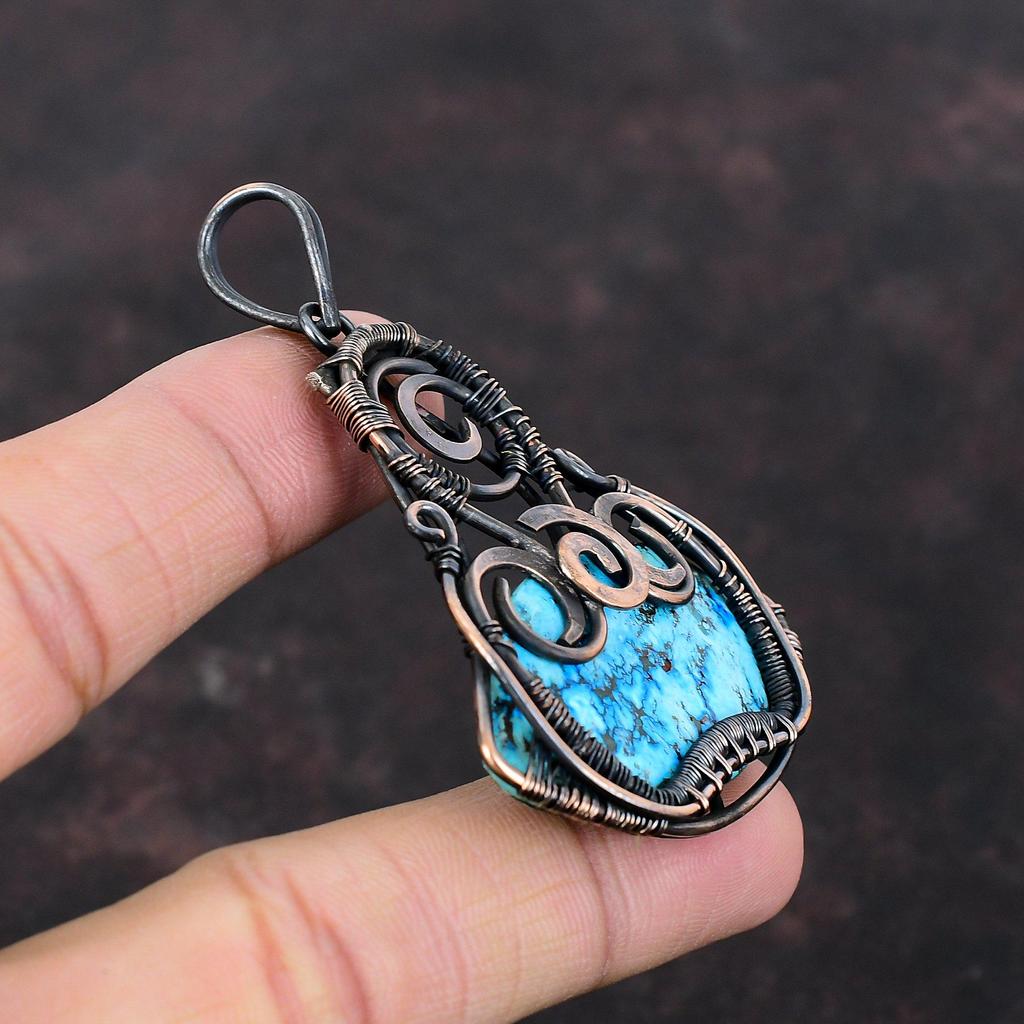 Tibetan Turquoise Pendant Copper Wire Wrapped Pendant Handmade Tibetan Turquoise Jewelry Gemstone Pendant For Gift Copper Wire Wrap Jewelry