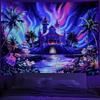 Enchanted Castle Tapestry, Psychedelic Sky with Palm Trees & Glowing Flowers Print,Wall Hanging for Fantasy Aesthetic Room Decor