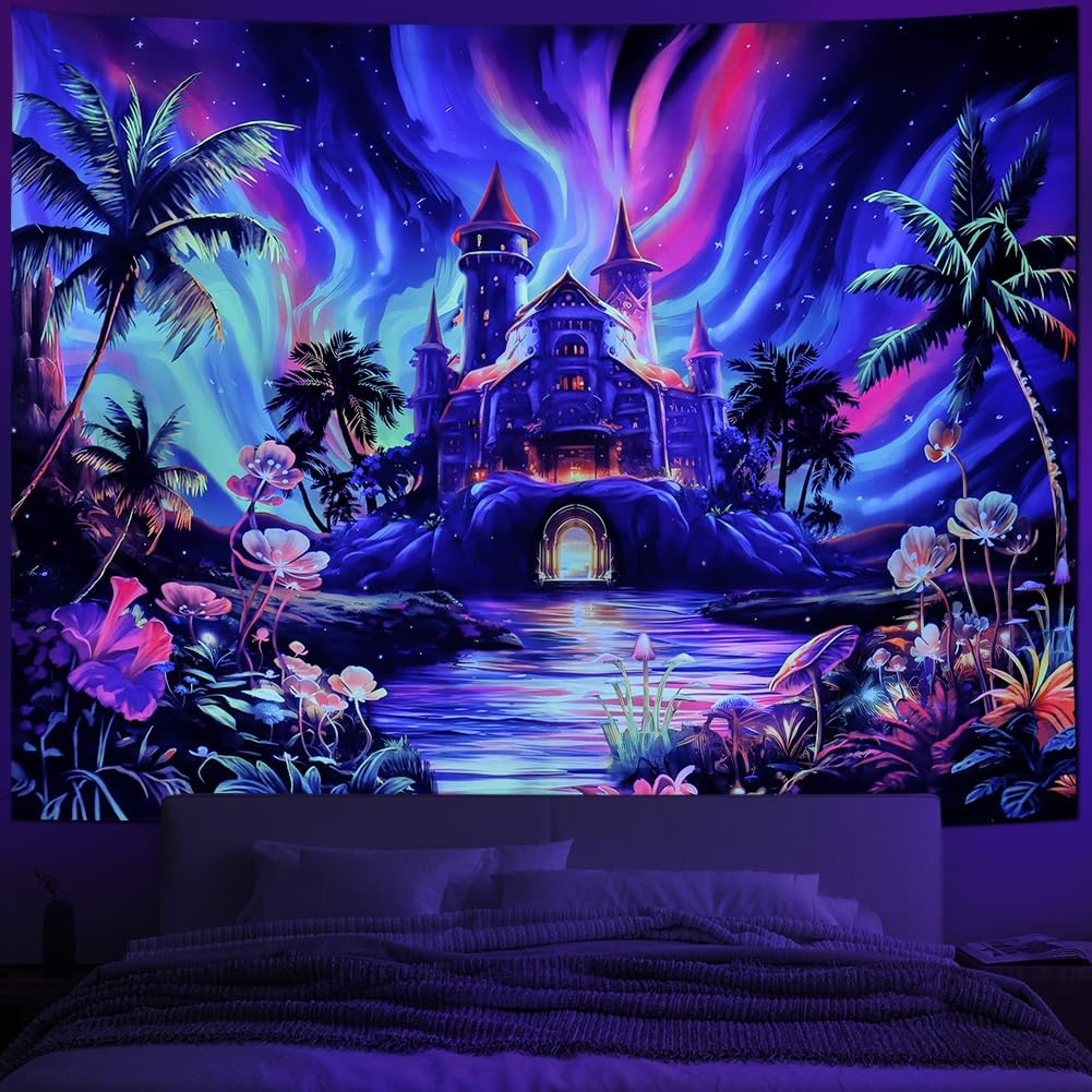 Enchanted Castle Tapestry, Psychedelic Sky with Palm Trees & Glowing Flowers Print,Wall Hanging for Fantasy Aesthetic Room Decor