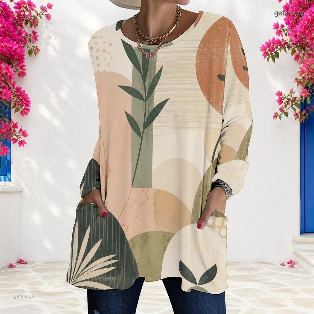 Women Plus Size Round Neck Long Sleeve Blue White Tie Dye Printed Loose Longline T Shirt With Pockets