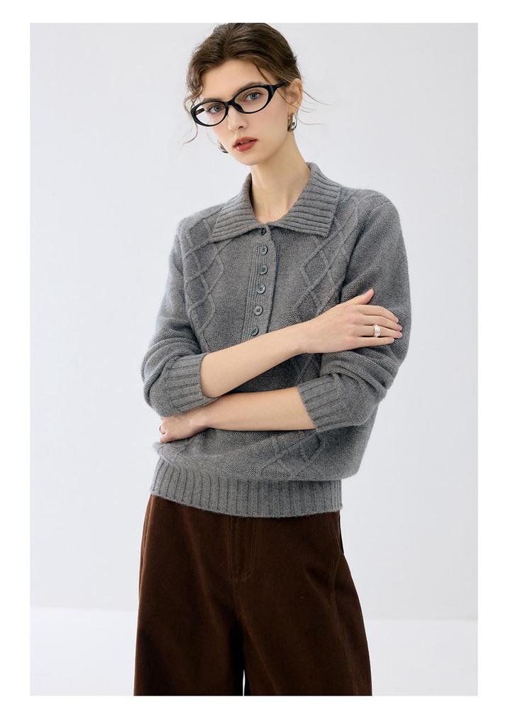 Cashmere Cable Knit Polo Collar Loose Long-Sleeve Sweater for Autumn/Winter