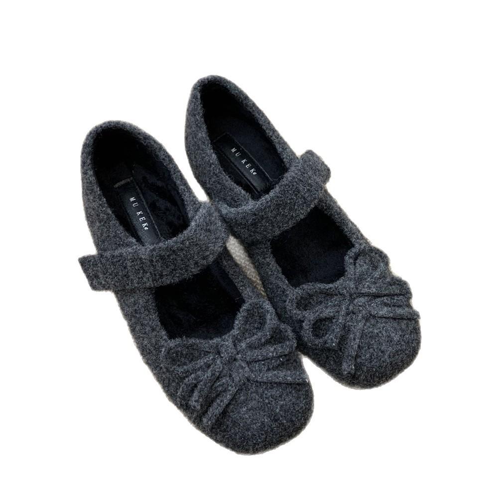 4CM Inner Height Increase~ Mary Jane Fluffy Shoes for Women In Winter, New Gray Woolen Single Shoes for Women's Thick-soled Velvet Cotton Shoes