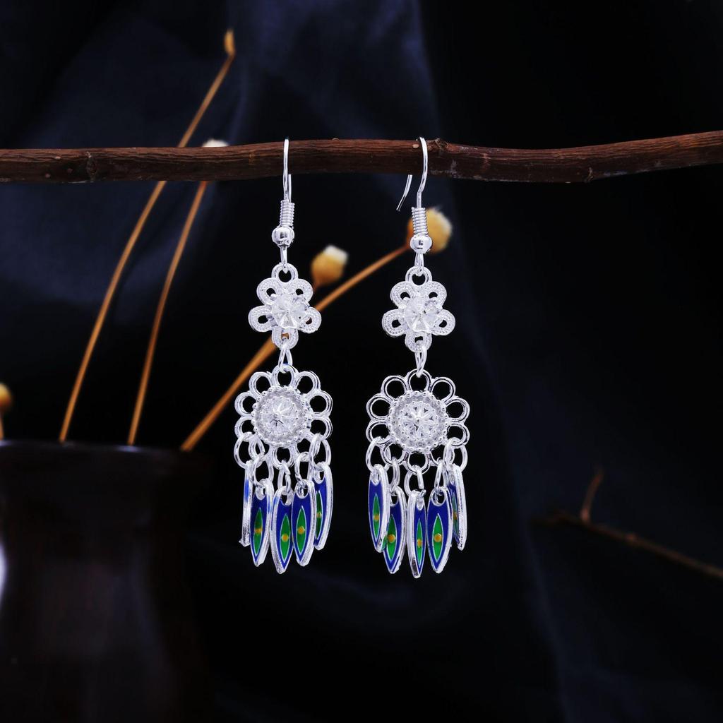 Ethnic Feather Tassel Dangle Earrings - Imitation Miao Silver Style, Popular Tourist Item, Cute Bean Design.