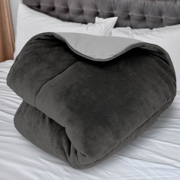 Microfiber Fleece Lined Duvet 240x260 Cm TWO-TONE Gray and Anthracite, by Soleil D'ocre