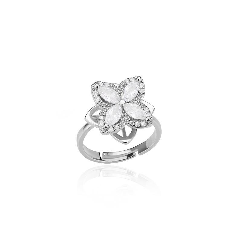 Rotatable Four-leaf Clover Love Zircon Flower Ring Creative Design Sense Free Rotation Anti-pressure Ring