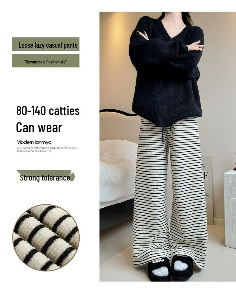 Petite Women's Fleece-Lined Black & White Striped Wide-Leg Pants for Autumn/Winter - Soft, Cozy Fit
