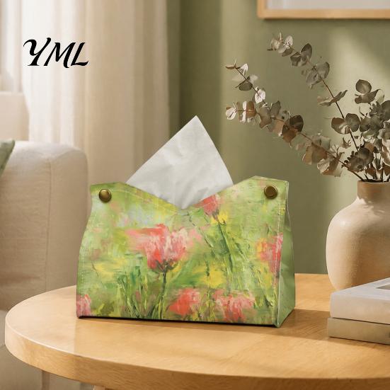 Dormitory Storage Bag Leather Tissue Box Cover with Oil Painting Pattern, Foldable Desktop Organizer, Napkin Holder Kitchen Paper Organizer