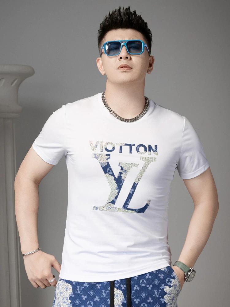 European High-End Printed Rhinestone Short-Sleeve T-Shirt Trendy Brand Top 2025 New Summer Men's Slim-Fit Half-Sleeve Tee