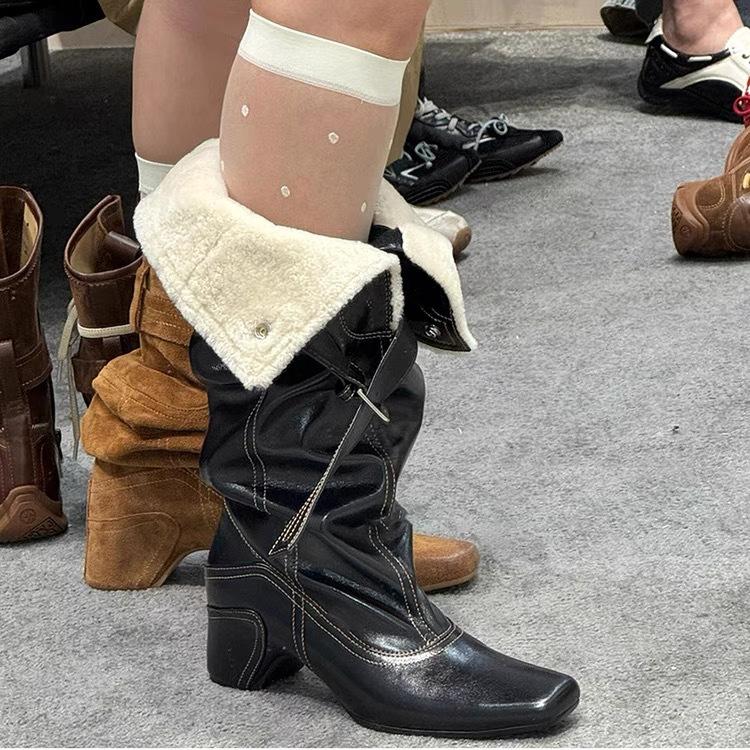 European and American Velvet Warm Fluff Pile Western Boots New Retro Big Tube Circumference Knight Boots