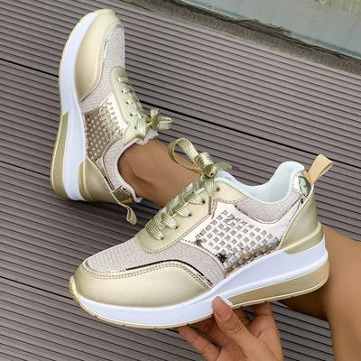Women's Slope Heel Platform Sneakers Large Size Breathable Sequins Round Head Lace-up Spring and Autumn New Casual Sneakers