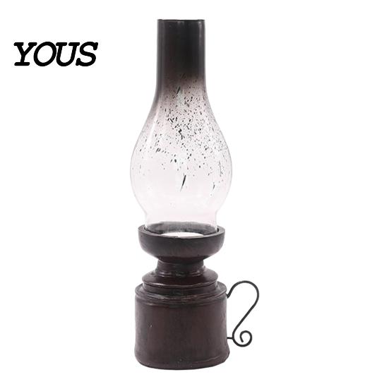 Miniature Oil Lamp Decor Kerosene Resin Candle Holder, Retro Figurine with Smoked Stable Heavy Holder Glass Shade & Carved Base, Tabletop S