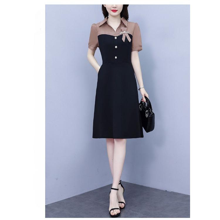 Summer Slimming Short Sleeve Dress with Pearl Splicing Youthful and Belly Covering