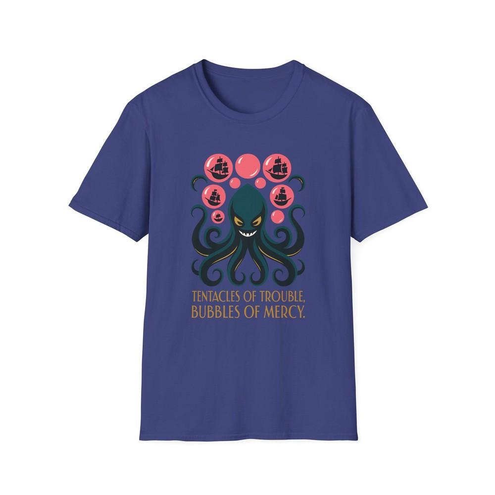 

Unisex Softstyle T-Shirt Art Deco Kraken Bubbles Ships Surreal Nautical Fantasy 4XL