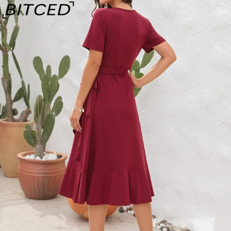 BITCED V-Neck High-Waisted Tie-Detail Dress Solid Color Long-Sleeve Short-Sleeve Dress Vacation Travel Dress