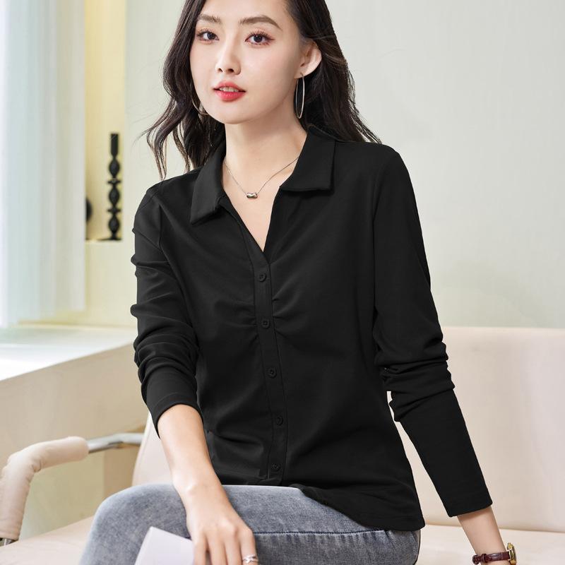 Autumn Women's Solid Colour Cardigan Button Lapel Long Sleeve Polo Shirt