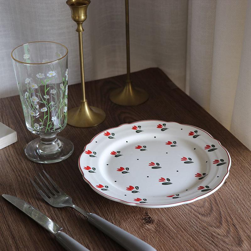 Chinesische Keramikplatte Haushalt 8 Zoll Flache Platte Französisch Vintage Westliches Geschirr Blütchen Porzellan China Tafelgeschirr Backen