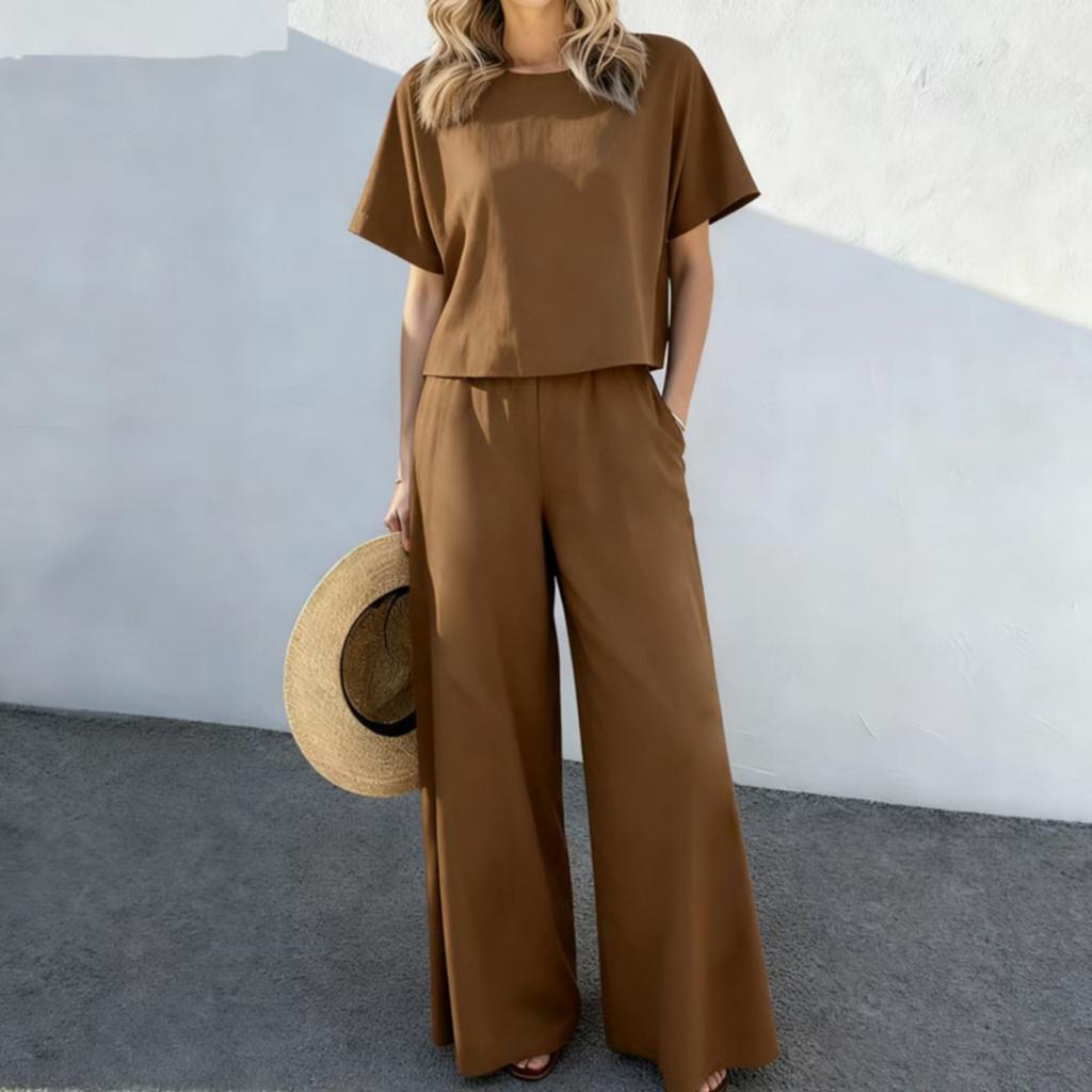 Fashion Women's Casual Top Wide Leg Pants Set Cotton Linen Pants Top Two-piece Set