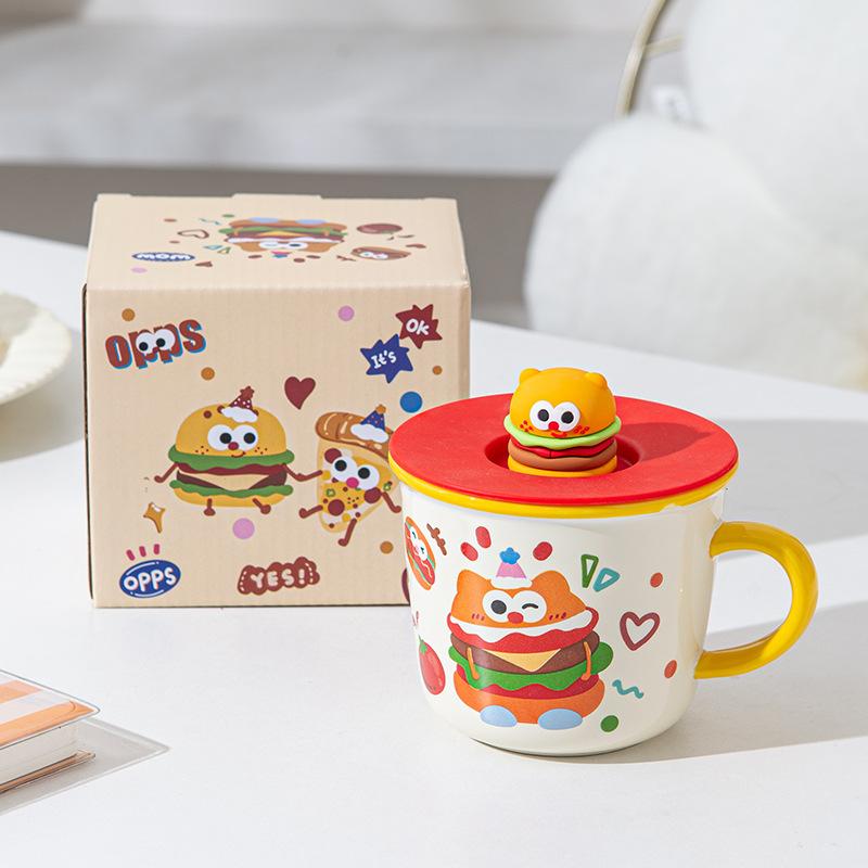 Fun burger ceramic mug three-dimensional coffee with lid water cup student office living room breakfast milk cup