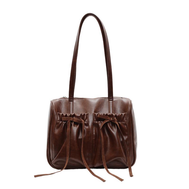 Commuter Vintage Underarm Bag Women's Bow Double Pocket Tote Bag Large Capacity Shoulder Bag
