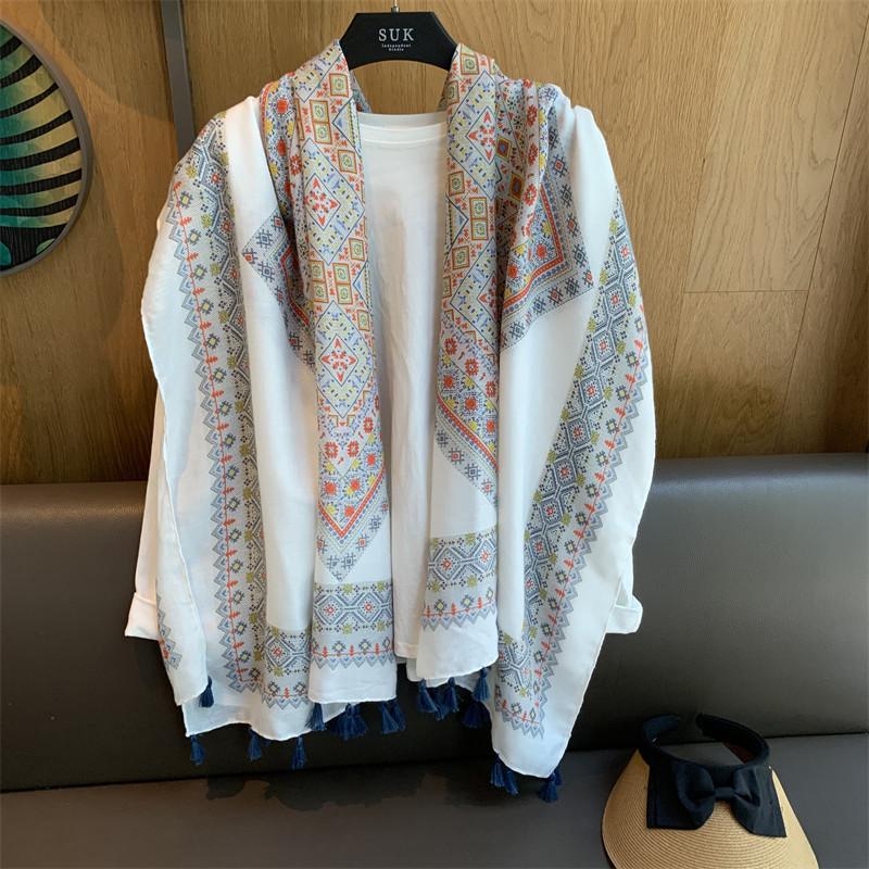 Summer Yunnan tourism ethnic style sunscreen photo silk scarf women s cotton and linen scarf fashion fringed air-conditioned room thin shawl