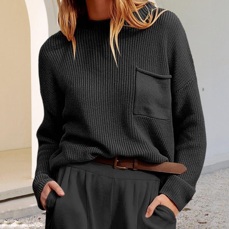 Autumn and Winter Sweaters, Women's Round-neck Long-sleeved Pocket Knitted Sweaters, Laid-back Style Sweaters