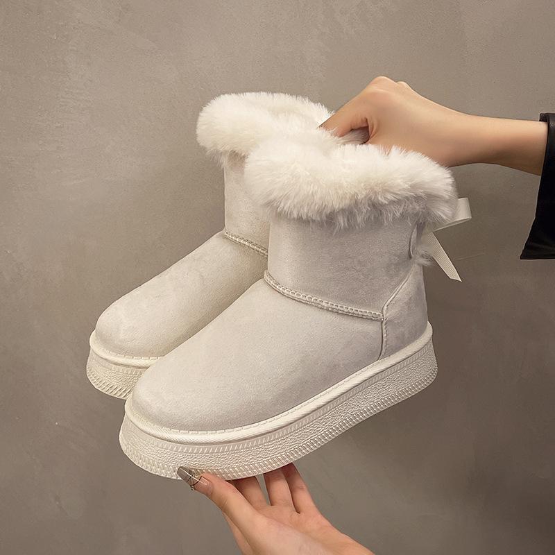 Fleece Thickened Snow Boots Winter New Thick-soled Fluffy Mouth Bow Warm Large-size Cotton Shoes