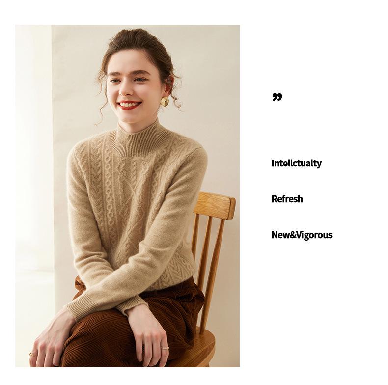 Women's Thick Diamond Pattern Cashmere Sweater - Half-High Neck, Gentle Style, Warm Loose Fit, Short Knitwear for Autumn and Winter