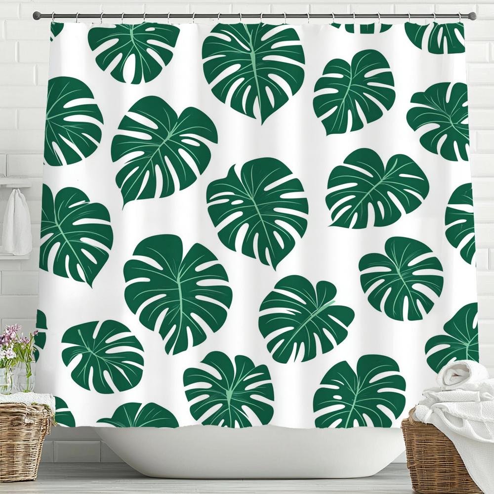 Green Plants And Leaves Tropical Leaf Shower Curtain, Bathroom Decorative Shower Curtain, Print Fabric Home Curtain With Hooks