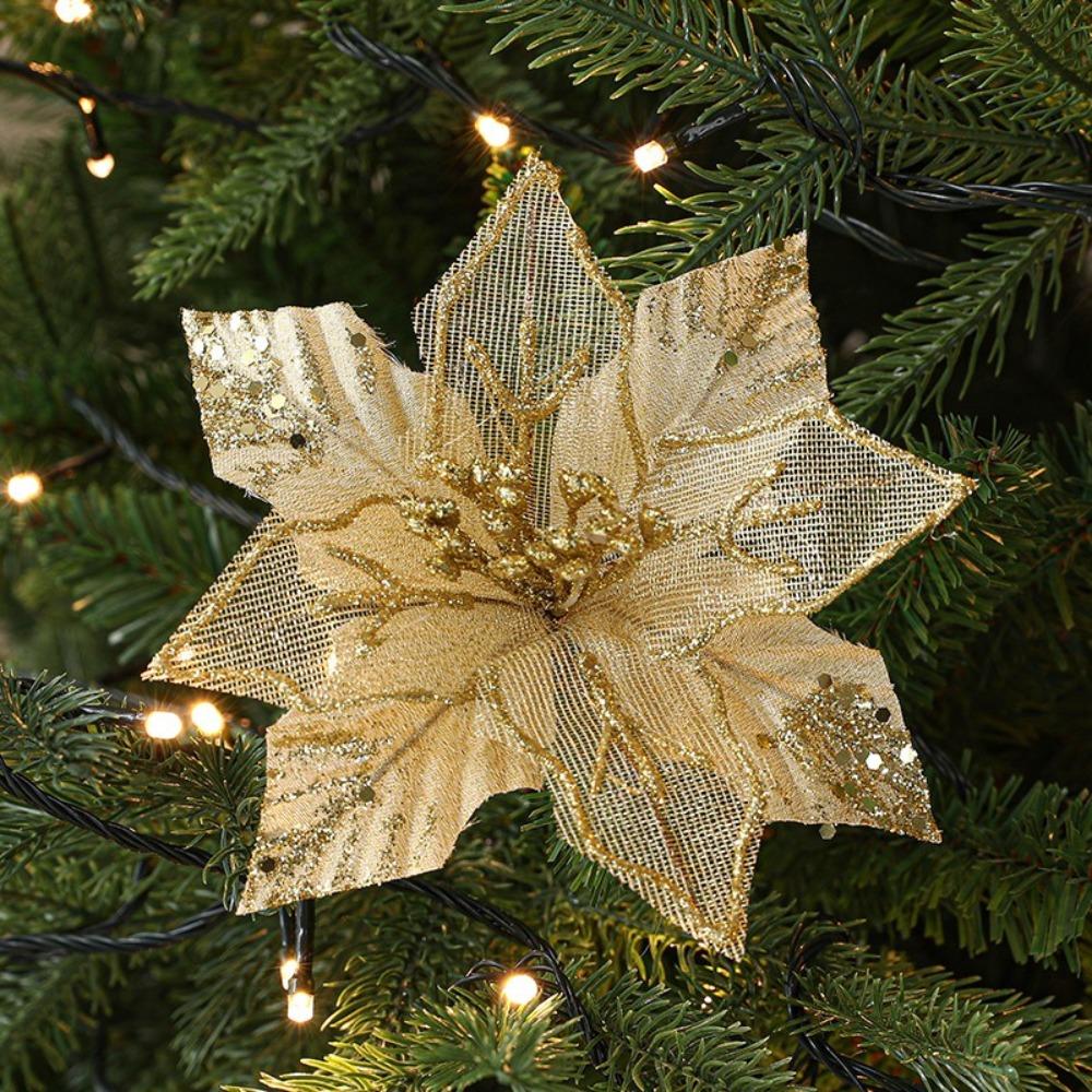 18cm Poinsettia Glitter Flower DIY Fake Flowers Christmas Flowers Large Hanging Ornaments Xmas Tree Decorations