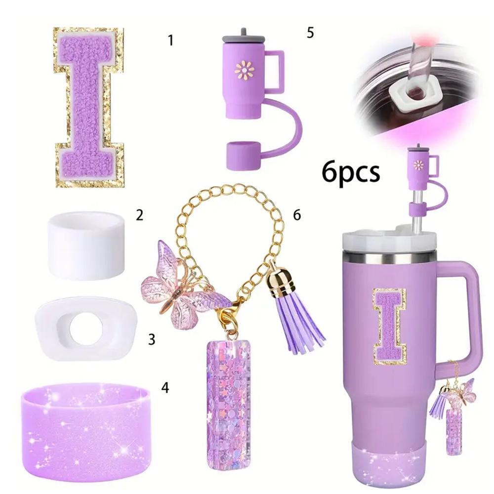 Set de 6 accesorii pentru pahar Stanley Cup de 40 oz cu mâner, inclusiv capac și capac cu pai din silicon, dop anti-scurgere