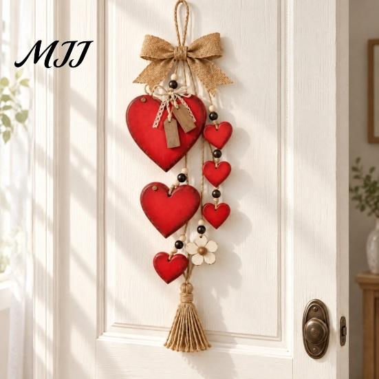 Rustic Wall Decor for Home Wooden Heart Hanging Ornament, Door Hanger with Bow, Pastoral Wood Craft Ornament Tassel, Farmhouse Window Decoration