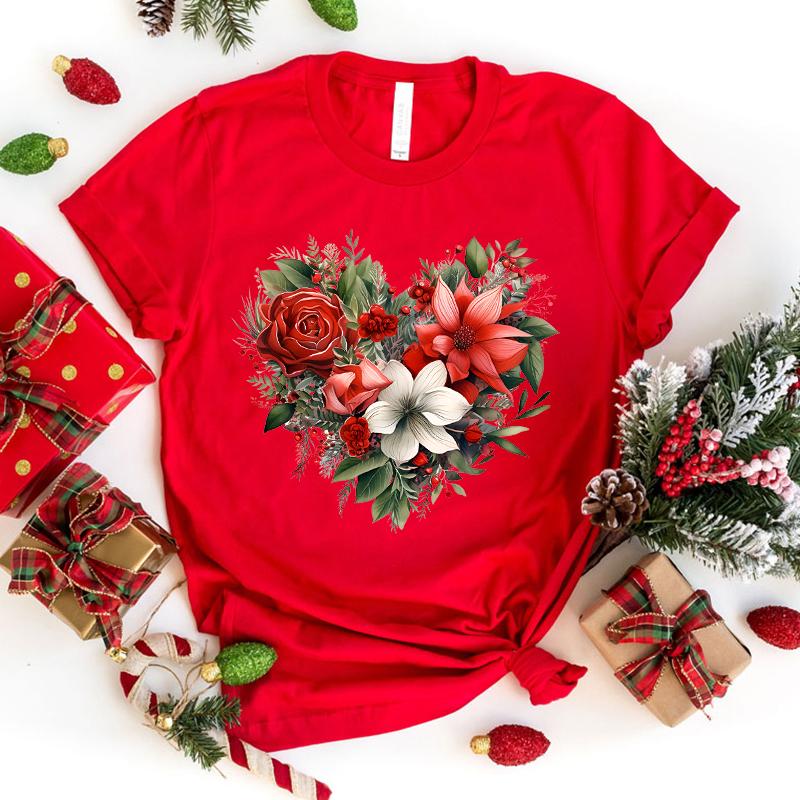 Christmas Flower Love Printed T-Shirts For Women Summer Tee Shirt Femme Casual Short Sleeve Round Neck Tops T-Shirts