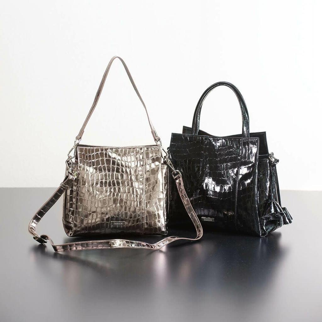 Barcos Shining Leather Crocodile Embossed 2-Way HandbagShoulder Bag, Black
