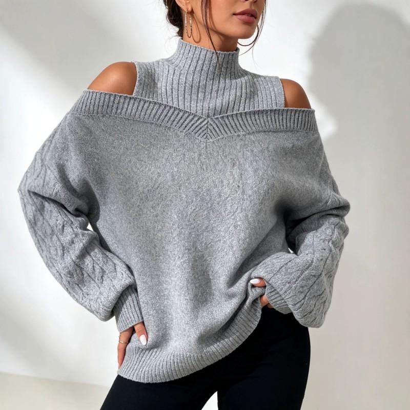 Womens Off-Shoulder Loose Knit Sweater Half Turtleneck Lantern Sleeve Fall Winter 2026