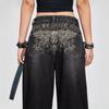 Womens Wide Leg Straight Cut Denim Pants With Embroidered Dagger Detail Loose Fit Streetwear Style