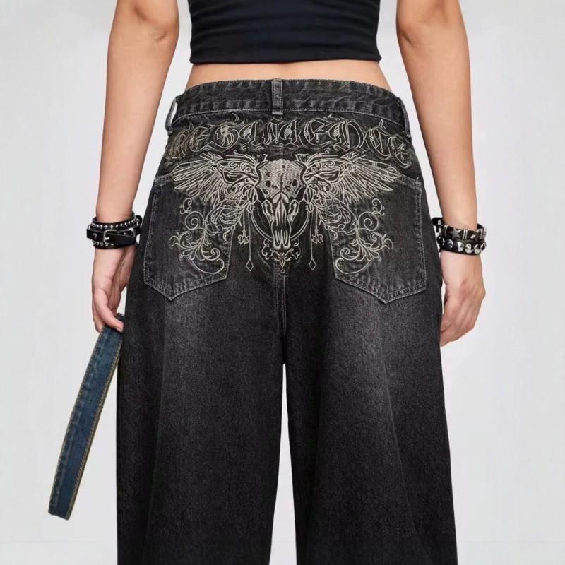 Womens Wide Leg Straight Cut Denim Pants With Embroidered Dagger Detail Loose Fit Streetwear Style
